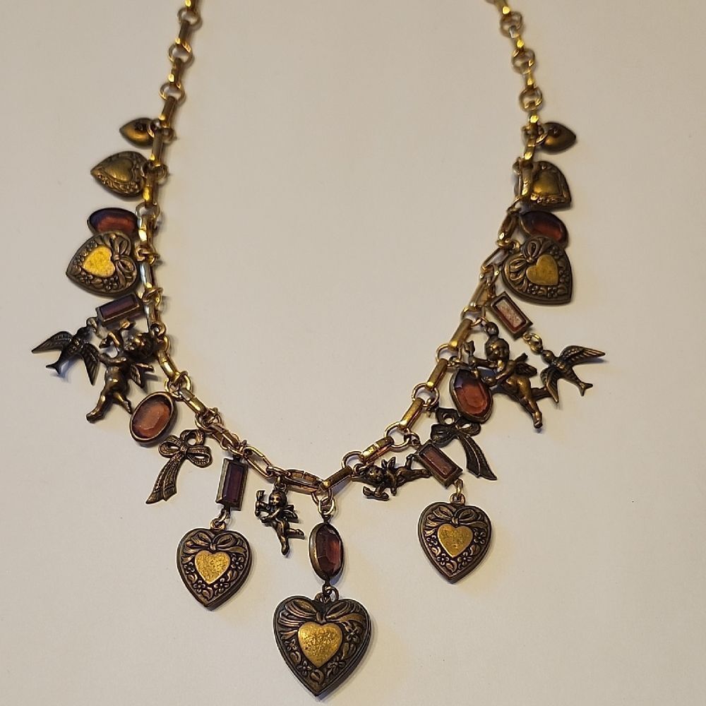 Vintage Designer Sadie Green Victorian Revival Brass & Pink Glass Beads Necklace